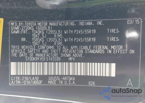 2015 Toyota Highlander Limited V6 from USA, damaged, VIN 5TDDKRFH5FS145599